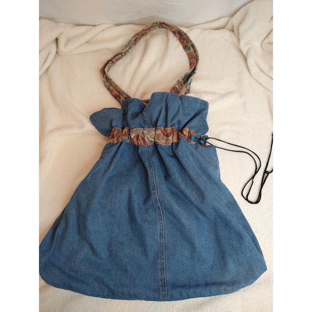 Handmade Upcycled Blue Jean Denim Shoulder Purse Bag Tote Cinch Close Boho